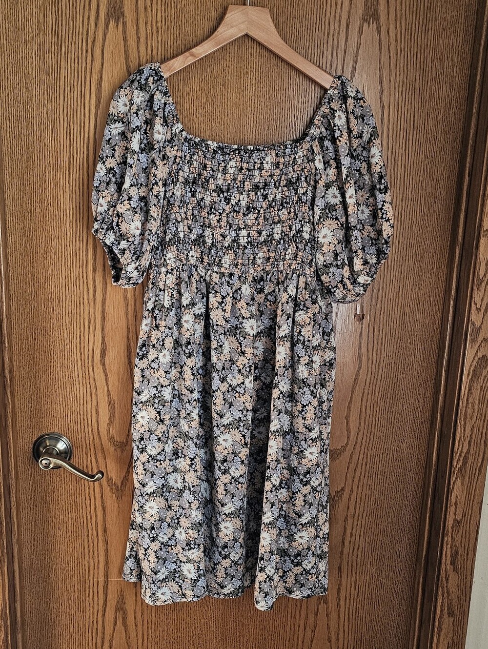 Mikarose Black, White, Peach Floral Smocked Mini Dress With Elastic Sleeves